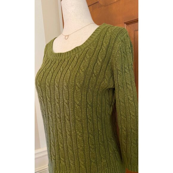 Ann Taylor Tailored Fit Cable Knit Sweater Women Med Green Three-Quarter Sleeves - Picture 1 of 13